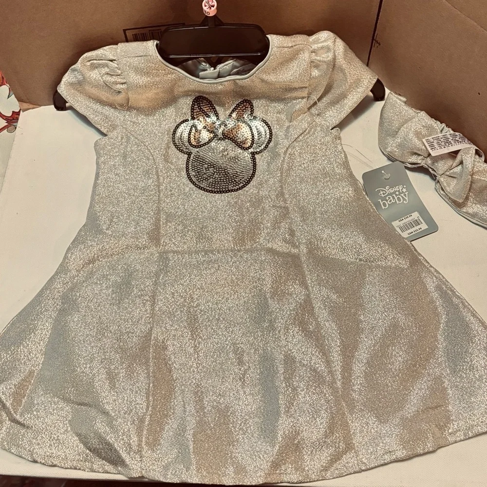 Disney Baby Minnie Mouse gold holiday dress with Headband NWT